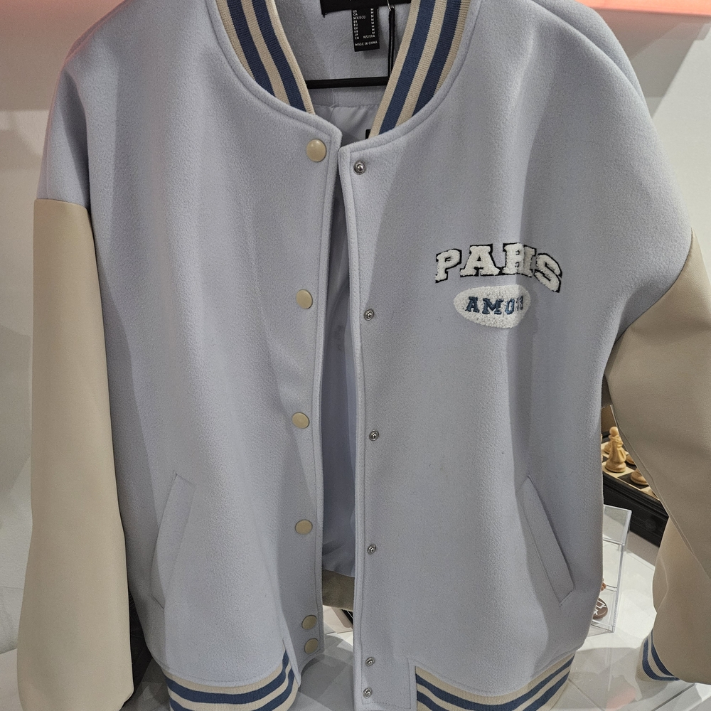 Light Blue Varsity Jacket with Beige Sleeves